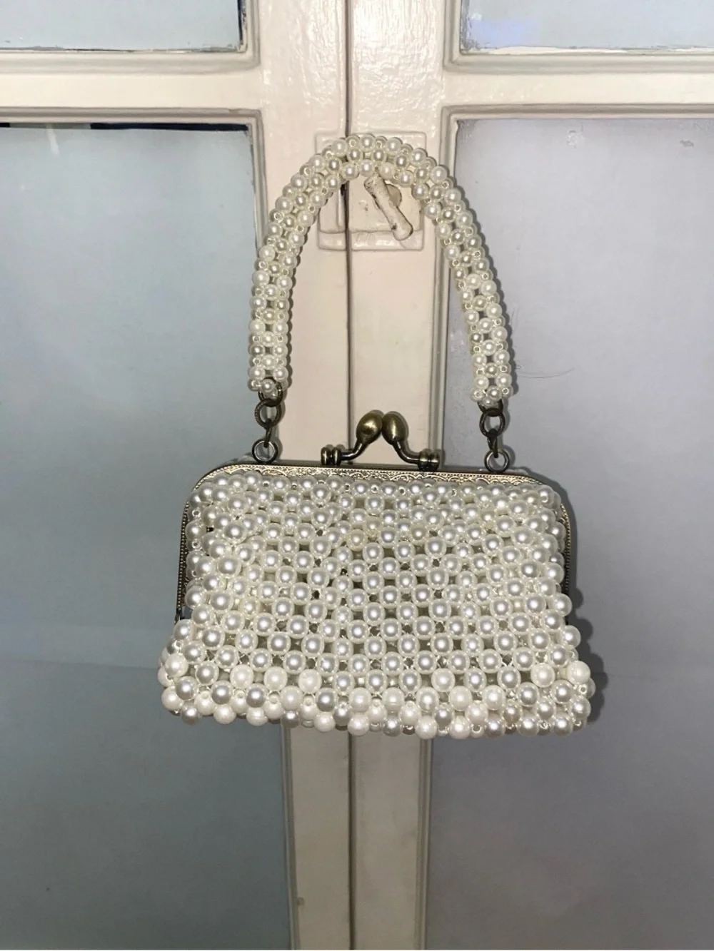 Pearl Beaded Ivory Evening Clutch with Top Handle